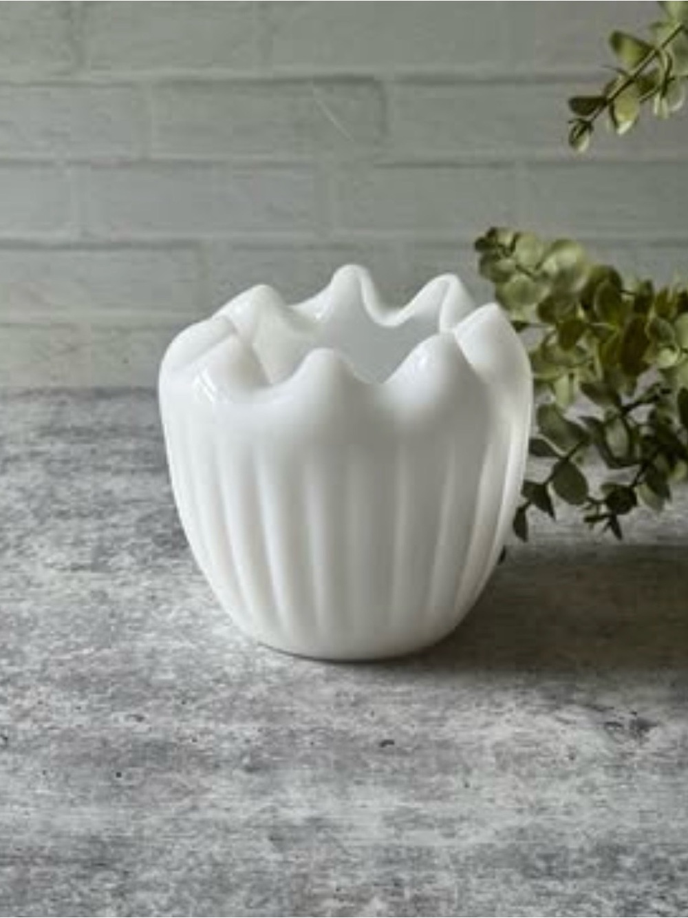 Vintage 50s Fenton Milk Glass Opaque White Ribbed Fluted Crimped Rose Bowl Vase